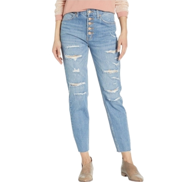 We The Free FP Distressed Frayed Hem Straight Leg Button Fly Crop Jeans Size 27 - Picture 1 of 13